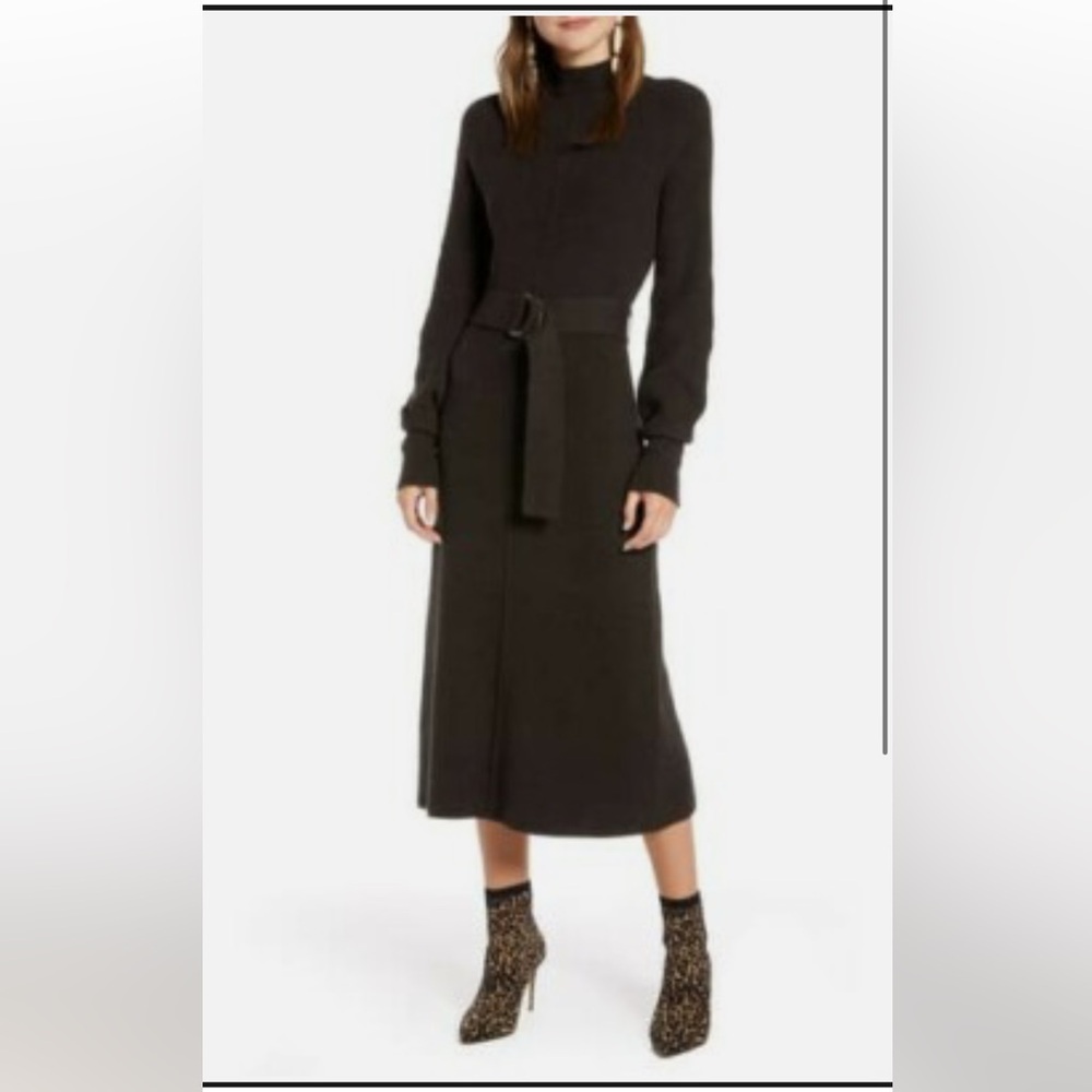 Something Navy Dark Brown Belted Sweater Dress